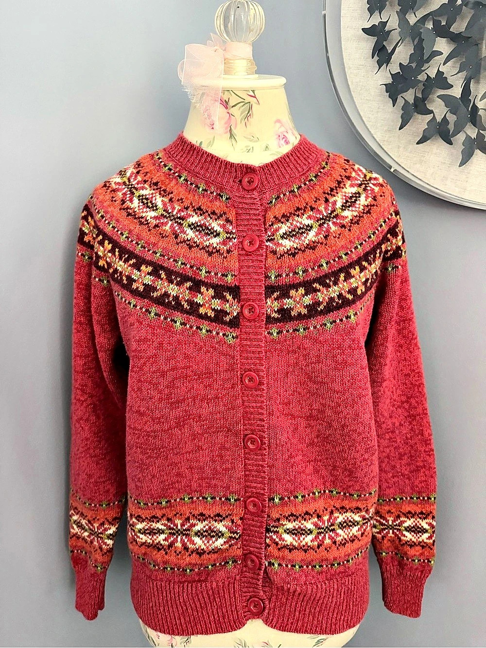Tiara International Fair Isle Button Cardigan in Red